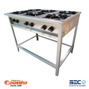 Anafe a gas 6 platos con parrillas en fierro macizo de 34×34 cm. Cousiño